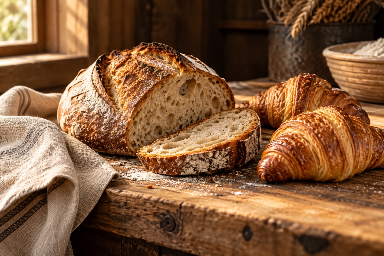 Vers zuurdesembrood en goudbruine croissants in het ochtendlicht